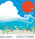 A vector illustration depicting the summer sun and sky, a beautiful ocean and a bustling seabed with fish swimming. 134171660