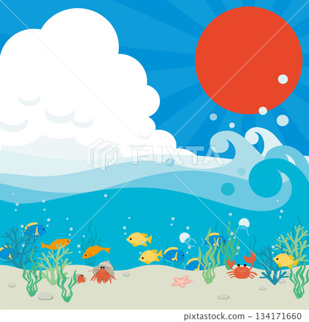 A vector illustration depicting the summer sun and sky, a beautiful ocean and a bustling seabed with fish swimming. 134171660