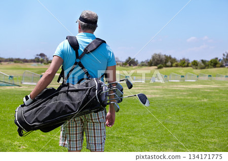 Golf course, staff bag and rear view of senior man outdoors for training, sports and exercise routine. Behind, golfing and elderly male golfer at a park for retirement, hobby and sports practice 134171775