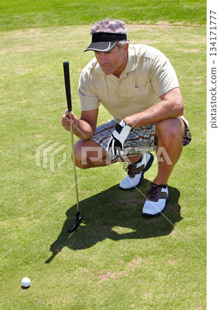 Mature man, golf and focus on ball on the course for professional game, sports or hobby. Focus, looking and a golfer lining up putt on grass with a club during a competition or match for recreation 134171777