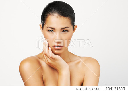 Beauty care, woman and portrait with skincare and dermatology with mockup. Isolated, white background and young Asian female person with face makeup and skin glow from cosmetics and treatment 134171835