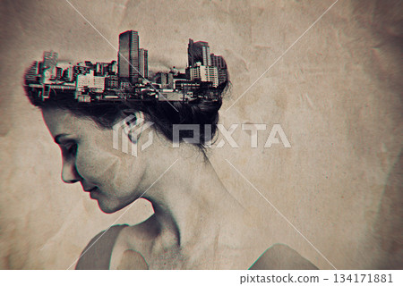 Art, double exposure and woman with city head or New York creativity in mockup space and urban town on a lady. Society, vintage and young female person in a retro design or buildings background Art, double exposure and woman with city head or New York creativity in mockup space and urban town on a lady. Society, vintage and young female person in a retro design or buildings background 134171881