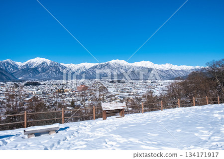 View of the Northern Alps from Omachi Park (winter) 134171917