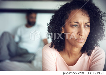 Divorce, angry black woman and couple in bedroom of their home or house. Marriage or relationship, communication or conflict and frustrated African female with breakup or couple problems inside Divorce, angry black woman and couple in bedroom of their home or house. Marriage or relationship, communication or conflict and frustrated African female with breakup or couple problems inside 134171930