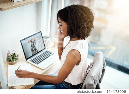 Laptop, phone and fashion woman writing notes, planning or networking in e commerce, small business or online startup. Creative person talking on mobile voip, computer and notebook for clothes design 134172006