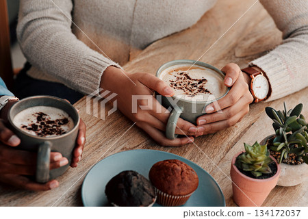 Latte cup, people hands and art in customer services, restaurant creativity and hospitality or food industry for inspiration. Cafe shop, women closeup and espresso, chocolate cupcake and coffee drink Latte cup, people hands and art in customer services, restaurant creativity and hospitality or food industry for inspiration. Cafe shop, women closeup and espresso, chocolate cupcake and coffee drink 134172037