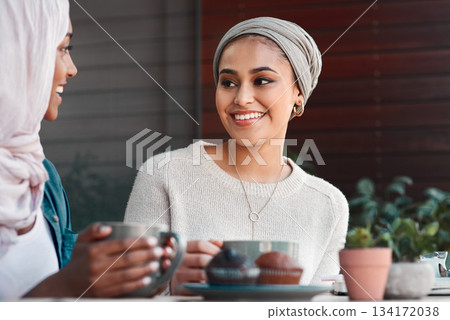 Friends, coffee and smile with Muslim women in cafe for conversation, food and social. Happy, relax and culture with arabic female customer in restaurant for discussion, happiness and meeting Friends, coffee and smile with Muslim women in cafe for conversation, food and social. Happy, relax and culture with arabic female customer in restaurant for discussion, happiness and meeting 134172038