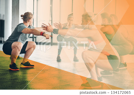 Squat, personal trainer and fitness group exercise, workout or training in gym class. Man, motivation and talk to women for power challenge, commitment or strong body and muscle at club with overlay 134172065