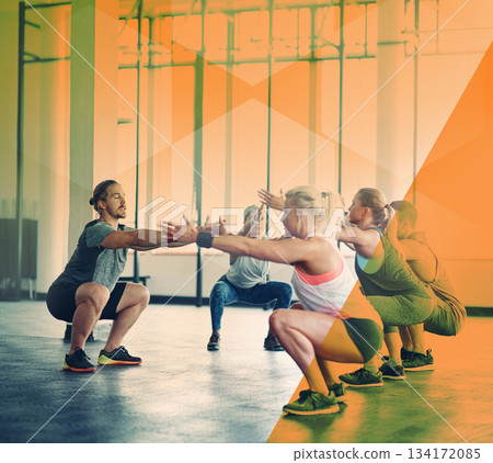 Personal trainer, fitness and people at gym for squat exercise, workout and training. Athlete men and women group for strong muscle, commitment or power challenge at a club or class with a overlay 134172085