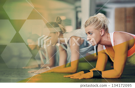 Overlay, plank and people exercise in gym for health, wellness and core strength. Workout, planking and group, women and friends exercising, abs training and teamwork practice together at sports club 134172095