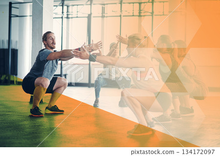 Fitness group, personal trainer and squat exercise, workout and training in gym class. Athlete man and women team together for power challenge, commitment or strong muscle at club with mockup overlay 134172097