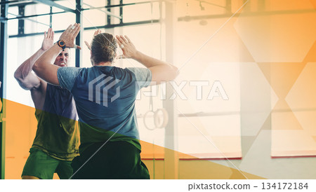 Fitness, gym and men high five to celebrate exercise, workout and training goals or win. Sports people happy about mockup overlay space for power challenge, success or achievement at wellness club Fitness, gym and men high five to celebrate exercise, workout and training goals or win. Sports people happy about mockup overlay space for power challenge, success or achievement at wellness club 134172184