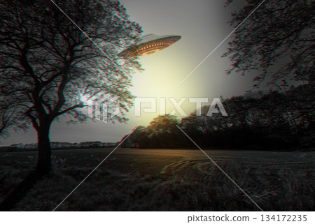 Ufo, forest and spaceship with nature, alien and futuristic with fantasy and travel. Saucer, extraterrestrial and vessel flying over woods, trees or earth with science fiction and invasion Ufo, forest and spaceship with nature, alien and futuristic with fantasy and travel. Saucer, extraterrestrial and vessel flying over woods, trees or earth with science fiction and invasion 134172235