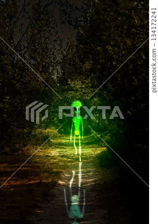 Alien, night and creature walking for horror, fantasy or graphic design in nature, forest or planet earth of green glow. Science fiction, silhouette or scary extraterrestrial in dark or outdoor woods 134172241