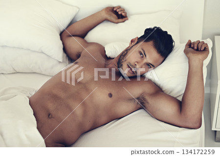 Portrait, naked and man in a bed in the morning, fitness and muscular at home, serious and confident. Face, male person and guy in the bedroom, muscle and sexy with wellness, nude and shirtless Portrait, naked and man in a bed in the morning, fitness and muscular at home, serious and confident. Face, male person and guy in the bedroom, muscle and sexy with wellness, nude and shirtless 134172259