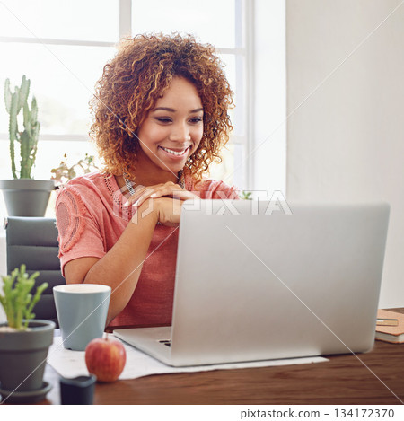 Happy woman, business student and laptop for planning at desk, technology and internet in agency. Young african female, office intern and working on computer, website and smile for online research 134172370