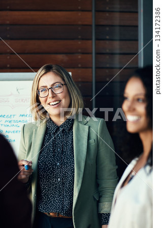 Woman, group and employees brainstorming, meeting and collaboration with a new project, development and profit growth. Female leader, coworkers or consultant with clients, share ideas and partnership 134172386