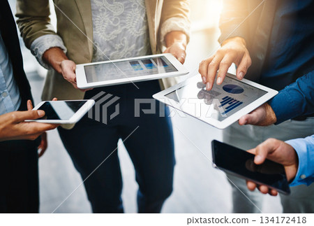 Business group, hands and technology with tablet and phone in a office with online data. Contact, collaboration and web management team on tech with sales charts and social network for planning 134172418