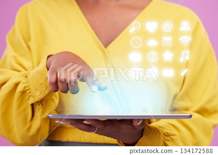 Holographic icons, tablet and woman hand isolated on studio background for 3d app, internet and futuristic technology. Finger, screen and person in digital hologram, overlay or software communication Holographic icons, tablet and woman hand isolated on studio background for 3d app, internet and futuristic technology. Finger, screen and person in digital hologram, overlay or software communication 134172588