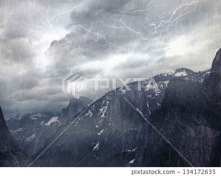 Rain, mountain and landscape with a storm, nature and bad weather with lighting, environment and forest. Trees, thunder and hills with water, grey sky and winter with ecology, hurricane and natural Rain, mountain and landscape with a storm, nature and bad weather with lighting, environment and forest. Trees, thunder and hills with water, grey sky and winter with ecology, hurricane and natural 134172635