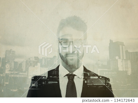 Business man, urban portrait and double exposure with professional, cbd skyline and focus in suit. Young businessman, face or employee with overlay in urban metro with skyscraper, smile and vision Business man, urban portrait and double exposure with professional, cbd skyline and focus in suit. Young businessman, face or employee with overlay in urban metro with skyscraper, smile and vision 134172643