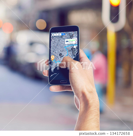 Hand, maps and phone with gps in the city for travel, discovery or sightseeing direction. Technology, location and cellphone with online navigation app for trip or route in urban town street or road. Hand, maps and phone with gps in the city for travel, discovery or sightseeing direction. Technology, location and cellphone with online navigation app for trip or route in urban town street or road. 134172658