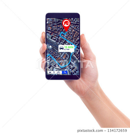 Map, hand of person holding smartphone and location showing on digital gps in white background. Technology or tracking, cellphone with spot or position of vehicle or car and in studio backdrop Map, hand of person holding smartphone and location showing on digital gps in white background. Technology or tracking, cellphone with spot or position of vehicle or car and in studio backdrop 134172659