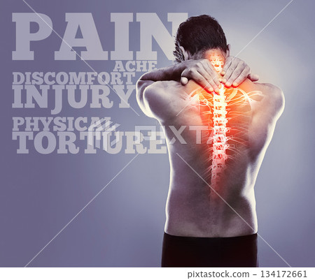 Man, back pain and red glow in studio with spine, injury and stress at workout, exercise or training. Guy, model and banner with text for emergency, accident and skeleton overlay by gray background Man, back pain and red glow in studio with spine, injury and stress at workout, exercise or training. Guy, model and banner with text for emergency, accident and skeleton overlay by gray background 134172661