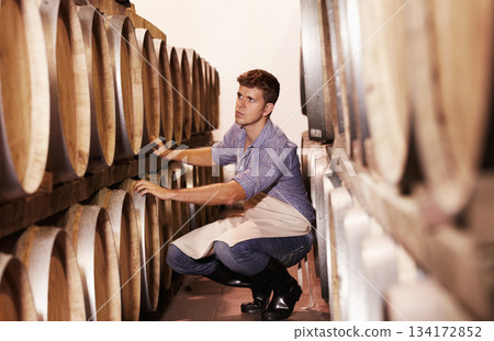 Wine, cellar and a man checking oak barrels in a warehouse for production, fermentation or storage. Wood, alcohol and inspection with a male worker in a winery for manufacturing beverage produce Wine, cellar and a man checking oak barrels in a warehouse for production, fermentation or storage. Wood, alcohol and inspection with a male worker in a winery for manufacturing beverage produce 134172852