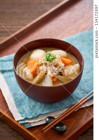 Tonjiru (miso soup with lots of pork and root vegetables) 134172897