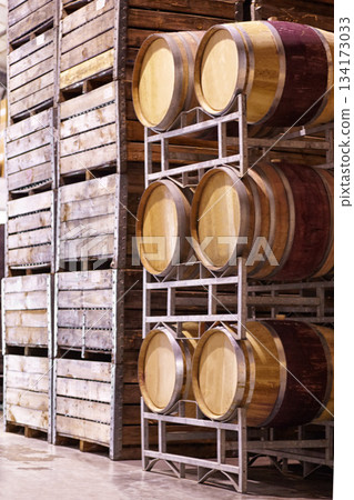 Wine, storage and oak barrels in a cellar for the production, manufacturing or fermentation of alcohol. Stock, wood container and industry with beverage produce in a warehouse, plant or factory Wine, storage and oak barrels in a cellar for the production, manufacturing or fermentation of alcohol. Stock, wood container and industry with beverage produce in a warehouse, plant or factory 134173033