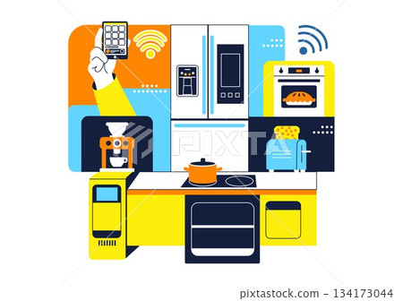 Smart Kitchen Appliances Illustration for Modern Home with Connected Cooking Technology and Innovative Digital Household Devices in a Background Smart Kitchen Appliances Illustration for Modern Home with Connected Cooking Technology and Innovative Digital Household Devices in a Background 134173044