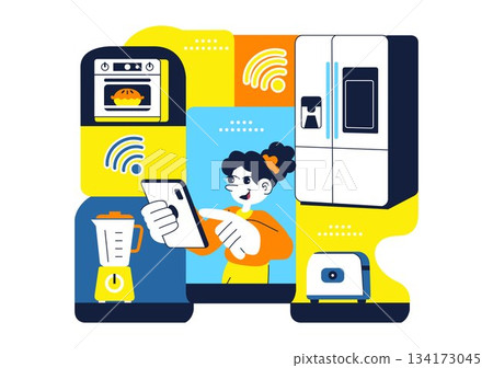 Smart Kitchen Appliances Illustration for Modern Home with Connected Cooking Technology and Innovative Digital Household Devices in a Background Smart Kitchen Appliances Illustration for Modern Home with Connected Cooking Technology and Innovative Digital Household Devices in a Background 134173045