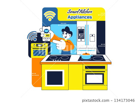 Smart Kitchen Appliances Illustration for Modern Home with Connected Cooking Technology and Innovative Digital Household Devices in a Background Smart Kitchen Appliances Illustration for Modern Home with Connected Cooking Technology and Innovative Digital Household Devices in a Background 134173046