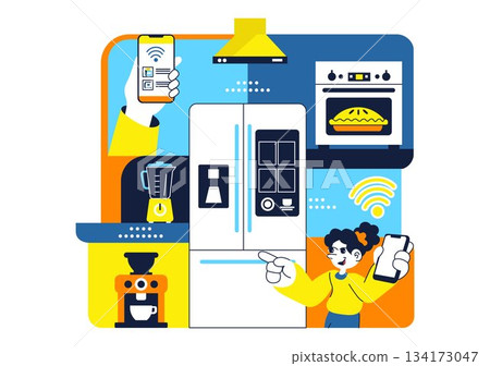 Smart Kitchen Appliances Illustration for Modern Home with Connected Cooking Technology and Innovative Digital Household Devices in a Background Smart Kitchen Appliances Illustration for Modern Home with Connected Cooking Technology and Innovative Digital Household Devices in a Background 134173047