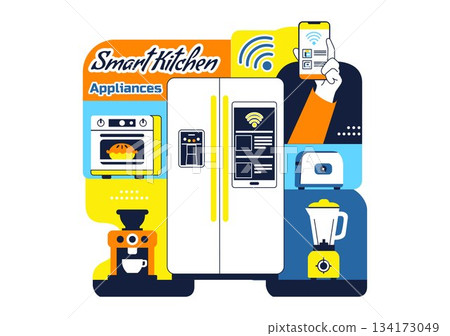 Smart Kitchen Appliances Illustration for Modern Home with Connected Cooking Technology and Innovative Digital Household Devices in a Background 134173049