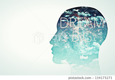Double exposure, mind and dream with a universe in the head of a silhouette for fantasy as a digital illustration. Star galaxy, light and overlay as a symbol of mental awareness or free thinking 134173271