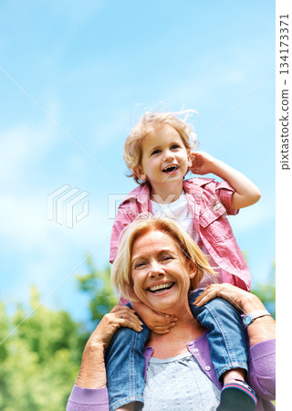 Happy, playful and piggyback with grandmother and grandson for bonding, fun and affectionate. Free time, weekend and generations with old woman and young boy for family, laughing and happiness 134173371