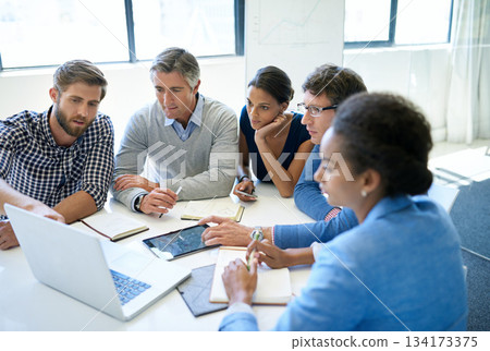 Business people, meeting and computer with discussion and planning with online training. Diversity, communication and staff working together with teamwork and collaboration for web project 134173375