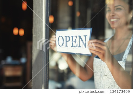 Cafe open sign, window or woman happy, smile and pride for retail service, restaurant welcome or coffee shop. Small business owner, female manager or waitress person smiling for startup store opening 134173409