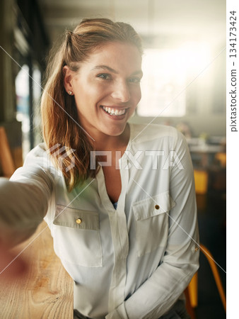 Selfie, smile and woman in a coffee shop, relax and cheerful with confidence, happiness and joyful. Portrait, female person and happy lady with social media, cafe and restaurant with beauty and break Selfie, smile and woman in a coffee shop, relax and cheerful with confidence, happiness and joyful. Portrait, female person and happy lady with social media, cafe and restaurant with beauty and break 134173424