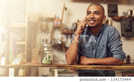 Smile, phone call and man with startup success, connection and communication for planning. Male person, happy employee and business owner with happiness, conversation and discussion in store and shop Smile, phone call and man with startup success, connection and communication for planning. Male person, happy employee and business owner with happiness, conversation and discussion in store and shop 134173444