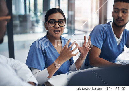 Healthcare, medical team in a meeting and talking in conference room. Medicine discussion or communication, teamwork or collaboration and doctors or nurses speaking about confidential patient data Healthcare, medical team in a meeting and talking in conference room. Medicine discussion or communication, teamwork or collaboration and doctors or nurses speaking about confidential patient data 134173462