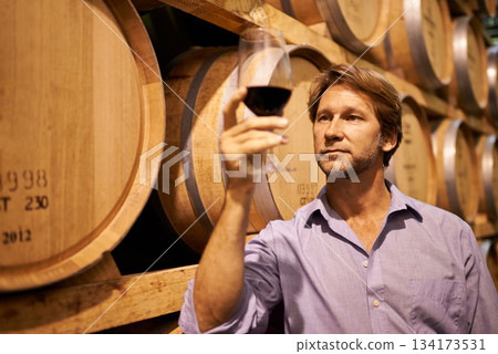 Wine, tasting and a man in the cellar of a distillery on a farm for the production or fermentation of alcohol. Glass, industry and barrel with a male farmer drinking a beverage for quality control 134173531