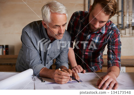 Architecture team, work on blueprint in workshop with designer and engineering collaboration. Senior architect with male trainee, working on remodeling project with floor plan paperwork and drawing Architecture team, work on blueprint in workshop with designer and engineering collaboration. Senior architect with male trainee, working on remodeling project with floor plan paperwork and drawing 134173548