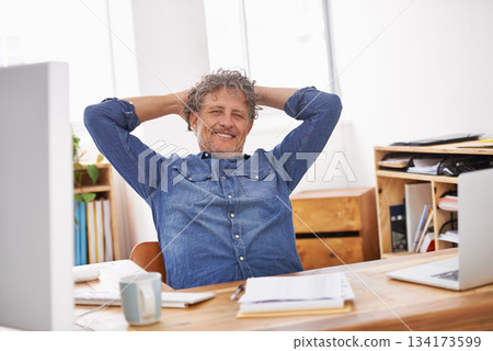 Mature, business man and relax in office with a smile from work target and goal success. Tech break, happy and businessman feeling rest and confident from company and creative writer job Mature, business man and relax in office with a smile from work target and goal success. Tech break, happy and businessman feeling rest and confident from company and creative writer job 134173599