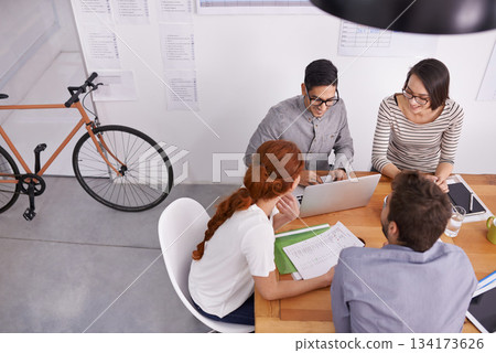 People in conference room, team at meeting and brainstorming with collaboration and project planning top view. Teamwork, strategy discussion in workplace with young men and women working together People in conference room, team at meeting and brainstorming with collaboration and project planning top view. Teamwork, strategy discussion in workplace with young men and women working together 134173626