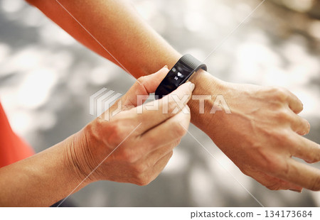 Smart watch, closeup and heart rate of person for fitness, exercise and workout from above. Stopwatch, hands and runner check pulse, timer and monitor healthy training progress, clock and sports gear Smart watch, closeup and heart rate of person for fitness, exercise and workout from above. Stopwatch, hands and runner check pulse, timer and monitor healthy training progress, clock and sports gear 134173684