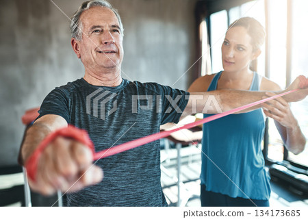 Physiotherapy, rehabilitation or fitness with an old man and woman coach training together for recovery. Healthcare, wellness and strength with a female physiotherapist helping a senior patient Physiotherapy, rehabilitation or fitness with an old man and woman coach training together for recovery. Healthcare, wellness and strength with a female physiotherapist helping a senior patient 134173685