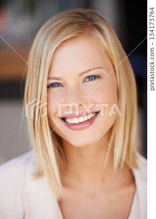 Smile, beauty and face portrait of a woman with natural makeup, cosmetics and glow on skin. Female model person from Canada with happiness, positive mindset and confidence for skincare headshot 134173764